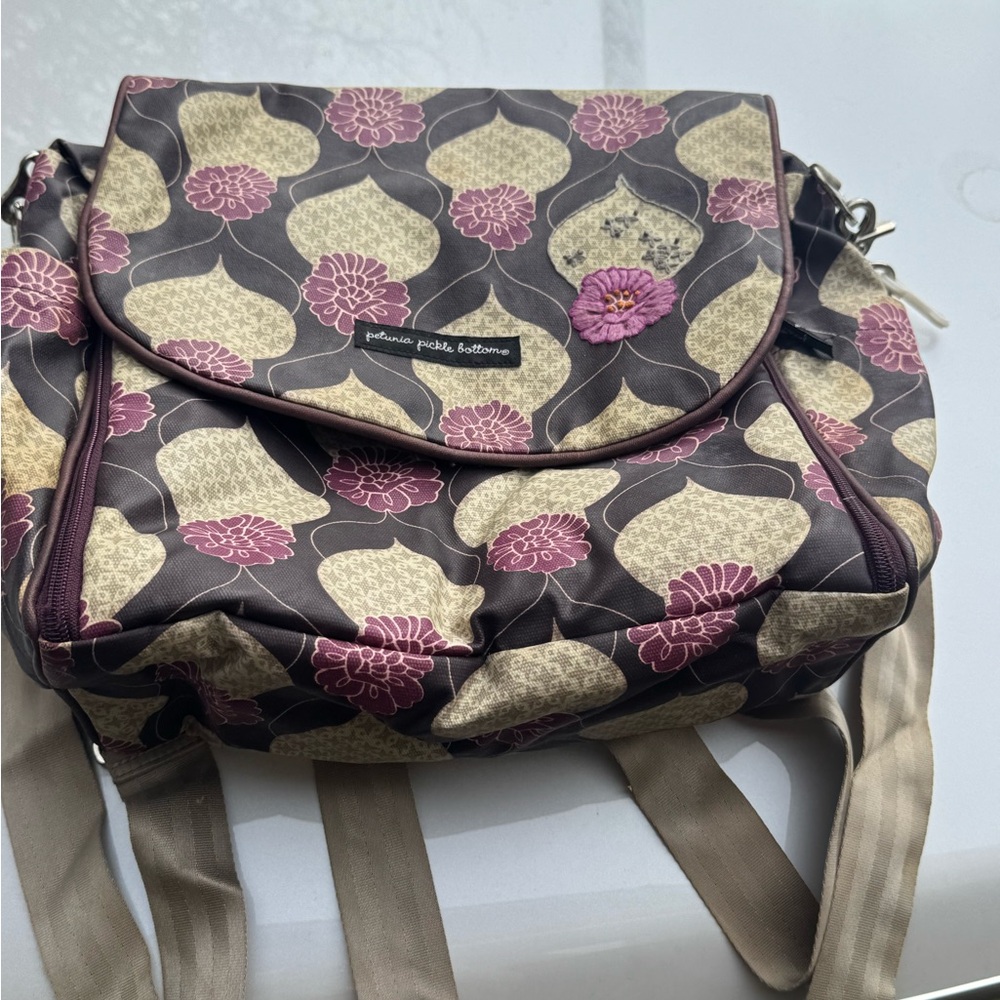 Petunia Pickle Bottom Floral Baby Bag in Brown and Cream
